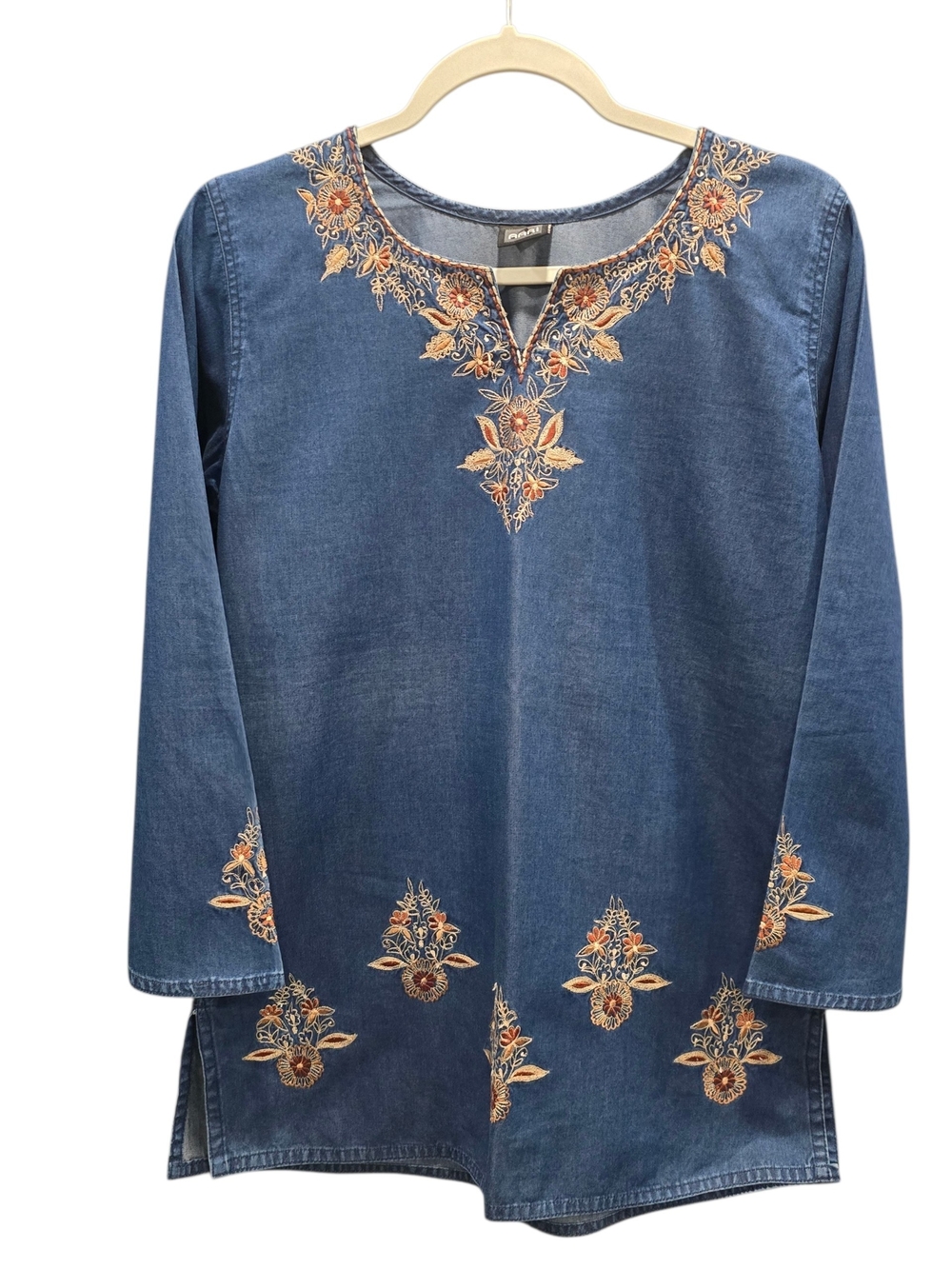Aari Embroidered Denim Look Tunic Top Boho Cottagecore Floral Long Sleeve Small